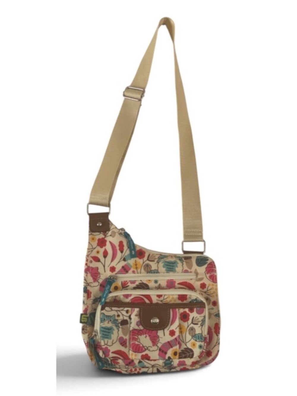 Lily Bloom Crossbody Bag Cats and Flowers Pattern Multiple Pockets